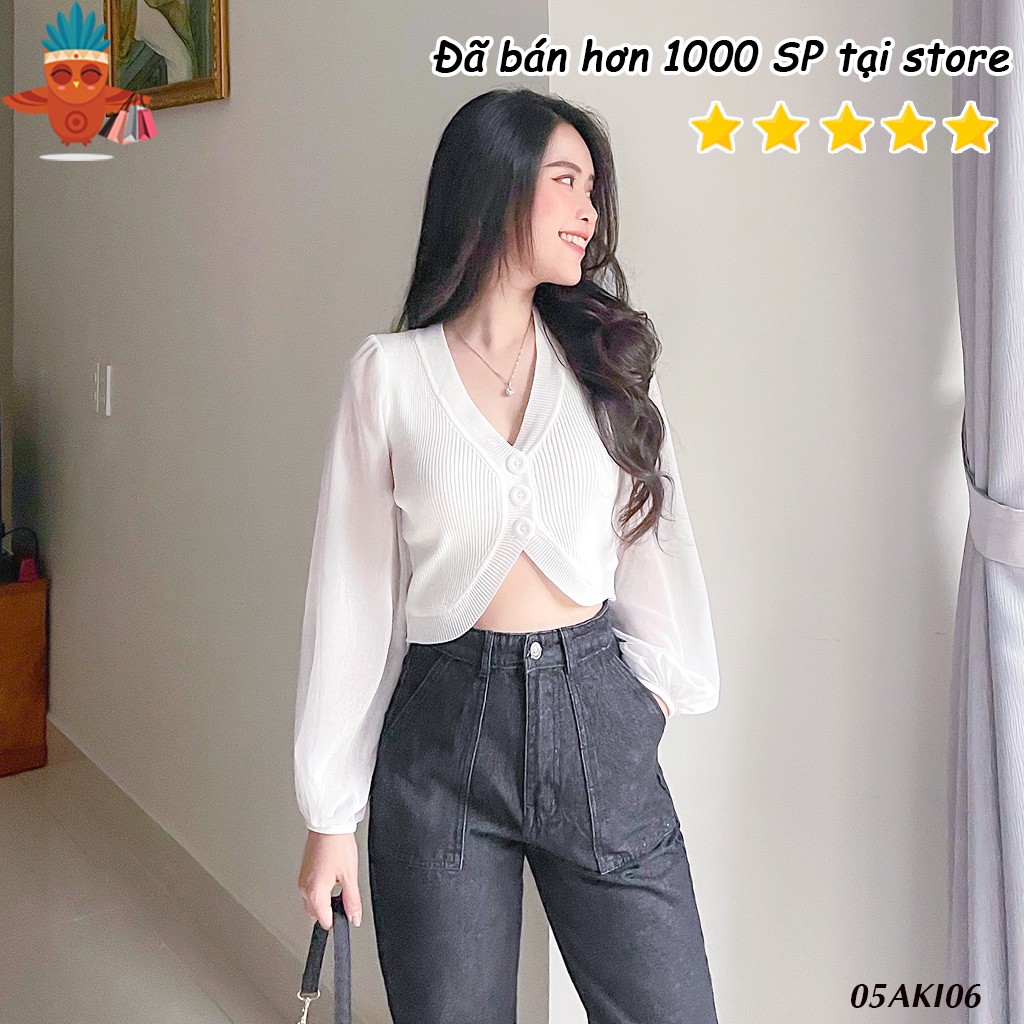 Áo len kiểu croptop cổ V tay voan dài trắng, đen, kem THOCA HOUSE thời thượng cực xinh