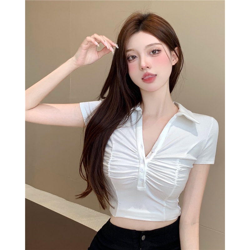 QKOOLE  Áo crop top Tay Ngắn Trễ Vai Cổ Chữ V Họa Tiết Kẻ Sọc Phong Cách Hàn Quốc Quyến Rũ Dành Cho Nữ