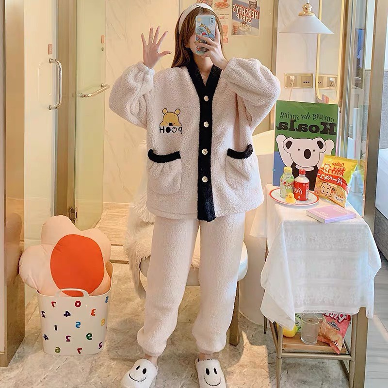 Set bộ ngủ lông cừu họa tiết gấu áo hoodie