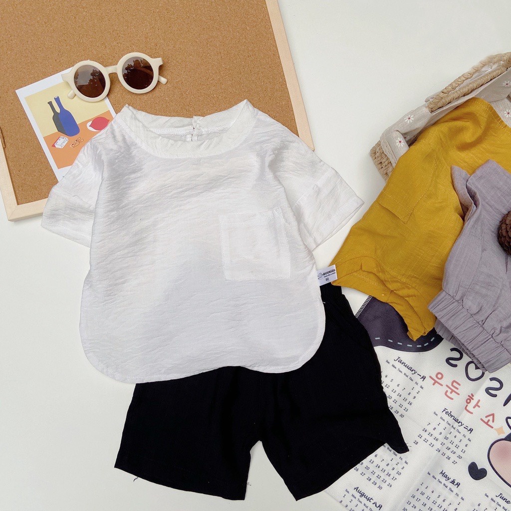 Bộ đồ bé trai, Bộ cộc tay vải đũi có túi ngực cho trẻ mặc đi chơi từ 6-28kg - LILA KIDS