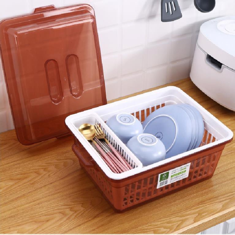 Rổ đựng chén, bát bằng nhựa, có nắp đậy cao cấp, có ngăn đựng đũa muỗng nĩa
