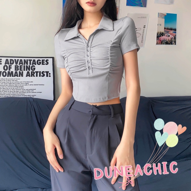DUNEA Áo Croptop Cổ Bẻ Xếp Ly Thời Trang Trẻ Trung Cho Nữ
