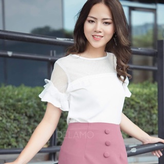 Áo croptop trắng tay bèo cá cổ tròn phối lưới thiết kế cao cấp