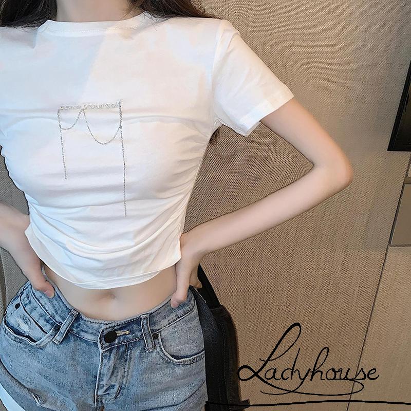 Áo Thun Tay Ngắn Cổ Tròn In Chữ Đính Đá Thời Trang Mùa Hè Dành Cho Nữ