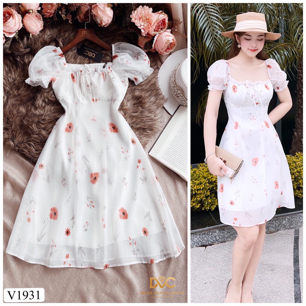 #V1931 Váy hoa xòe chiết eo tay bồng nhẹ, tôn dáng, che bụng tốt, chất voan tơ nhẹ nhàng, đầm đi chơi, đi tiệc