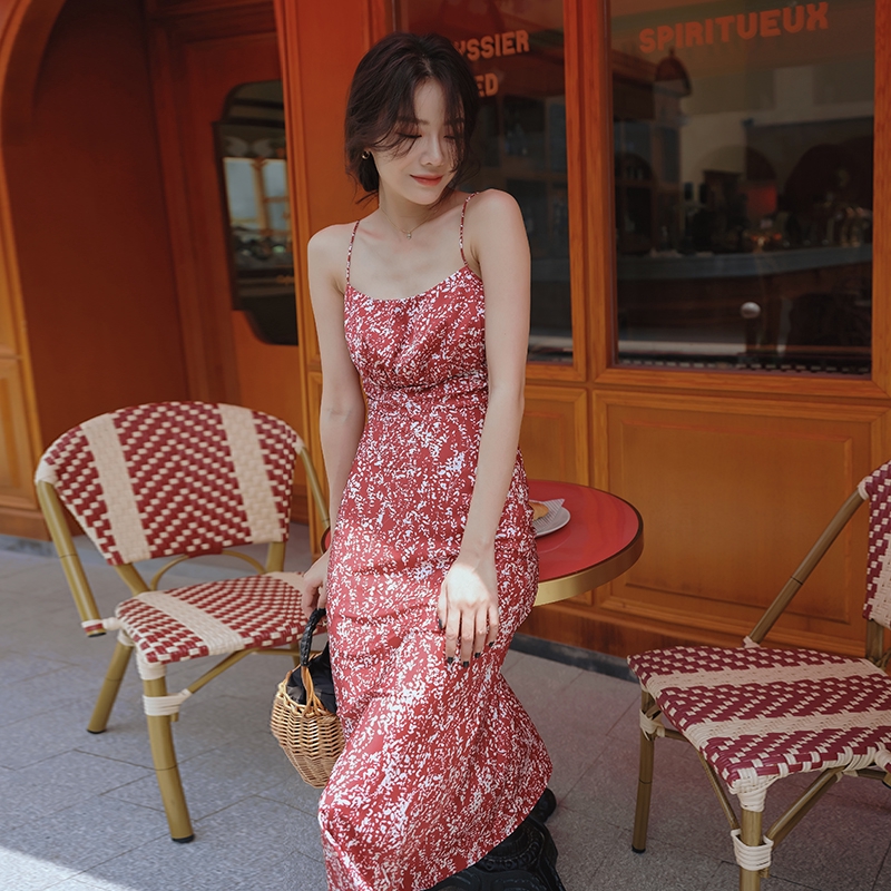 Đầm Hai Dây Dáng Dài Vải Satin In Hoa Kiểu Retro Pháp Dễ Thương