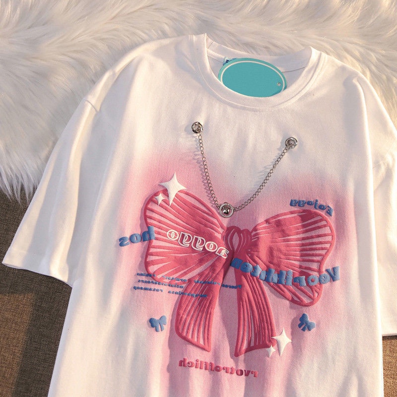 Áo Thun Ngắn Tay In Họa Tiết Nơ Thời Trang Mùa Hè Dành Cho Nữ