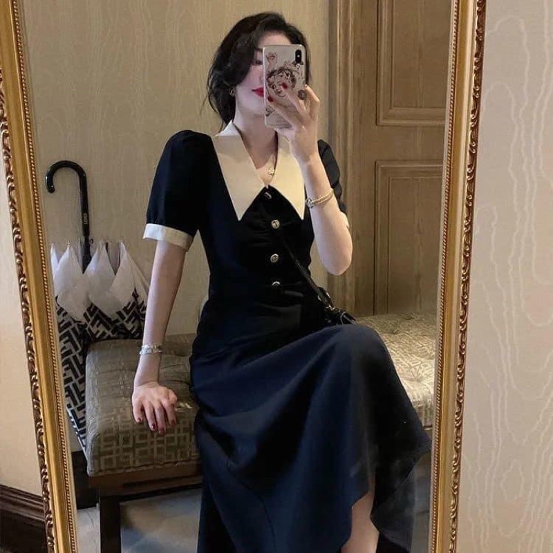 Váy đầm đen cổ vuông dáng dài, ngắn