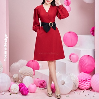 Váy ôm đỏ cosmo design xếp ly vai đai nơ đen eo