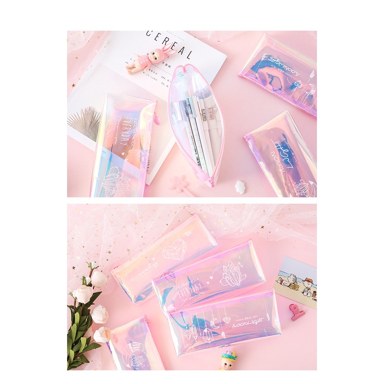 Hộp bút trong suốt ánh cầu vồng chuyển sắc Hologram độc lạ đựng bút, đồ dùng học tập