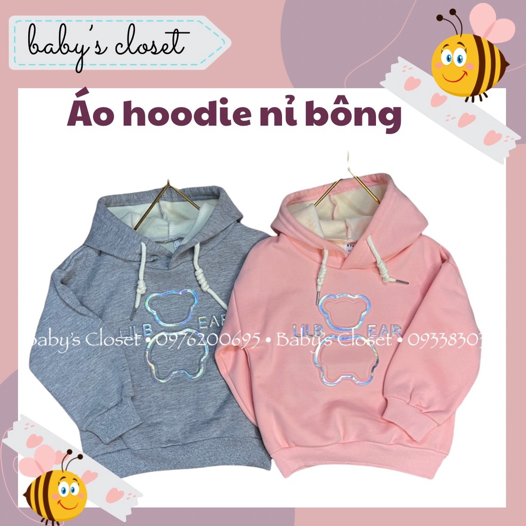 Áo hoodie nỉ bông có mũ in hình gấu ngộ nghĩnh cho bé -BABY'S CLOSET-Áo cổ chui có mũ mùa đông siêu ấm cho bé từ 8-22kg.