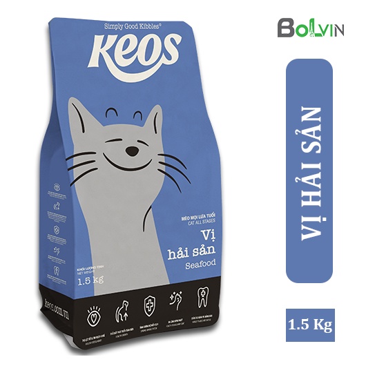 Hạt mèo Keos Cat 1,5KG vị hải sản⚡CHỈ 1 NGÀY⚡ thức ăn dành cho mèo mọi lứa tuổi - KEOS Seafood - PET&amp;JOI