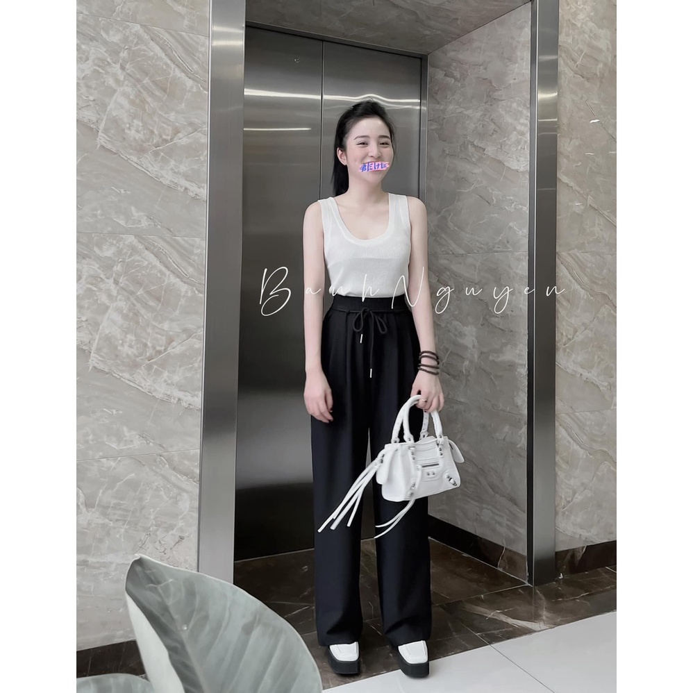 Quần suông sớ chất vải ruby  2 màu đen nâu cạp chun trang trí dây rút