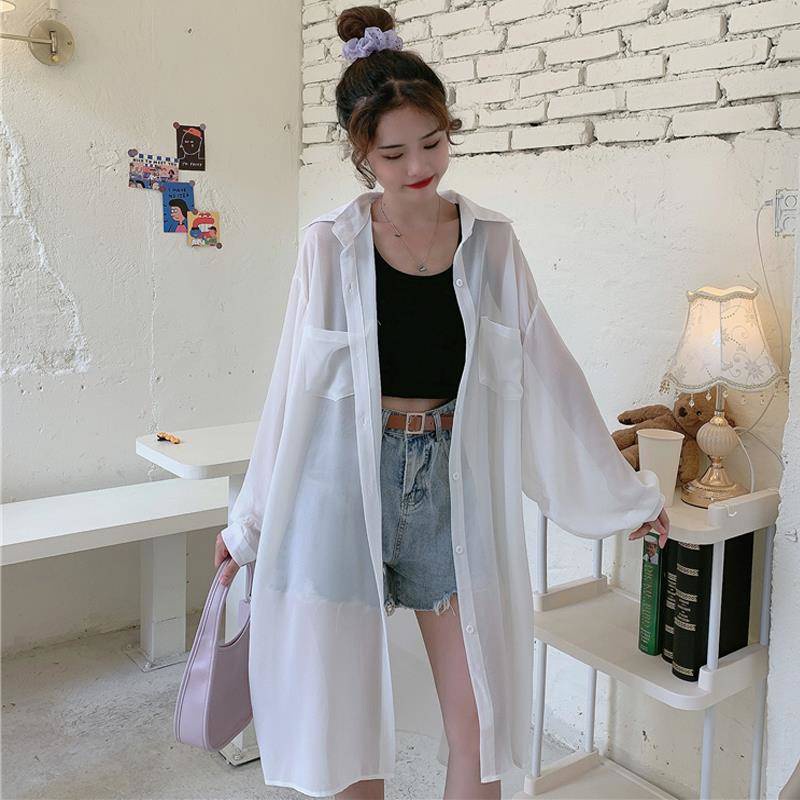 Áo Sơ Mi Voan Mỏng Tay Dài Dáng Rộng Thời Trang Xinh Xắn Cho Nữ