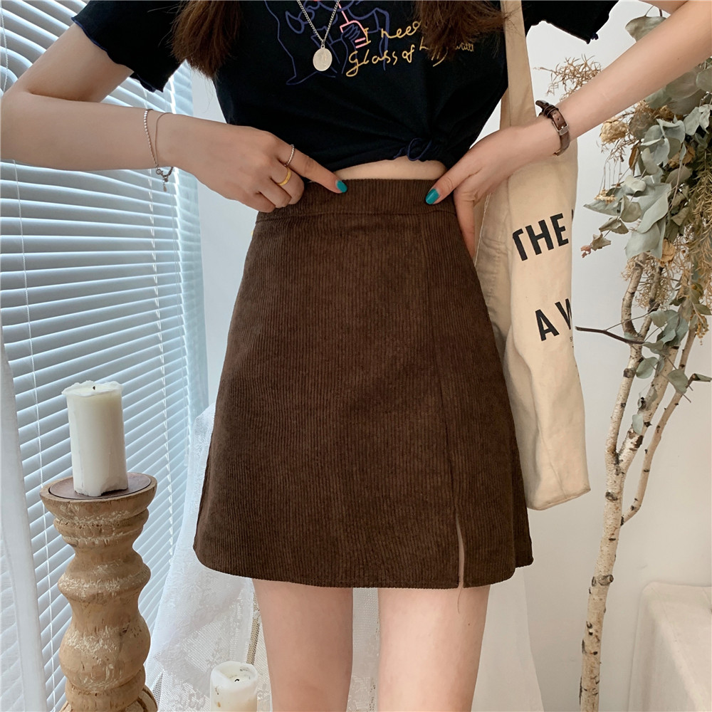 Chân váy chữ A vải nhung lưng cao phong cách Hàn Quốc retro cho nữ