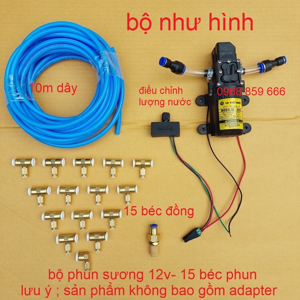 bộ phun sương làm mát, tưới lan 5 béc - 30 béc, máy bơm áp lực 12v ( bộ phun sương 12v- không nguồn)