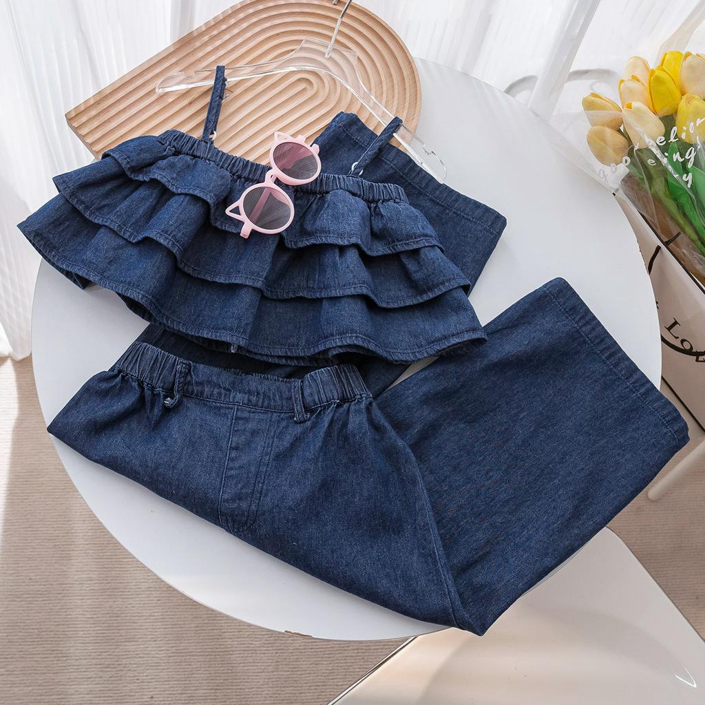 Sét áo denim hai dây mix quần xuông cá tính siêu hách dáng cho bé 11-32kg diện đi biển hay đi chơi đều xinh. Hàng QCCC