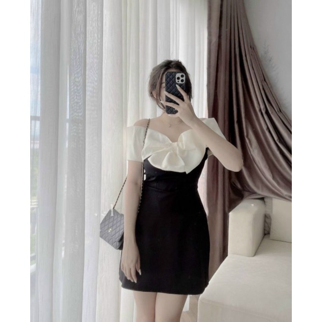 ĐẦM ĐEN BẸT VAI VIỀN KEM NƠ NGỰC_B.O.O.M