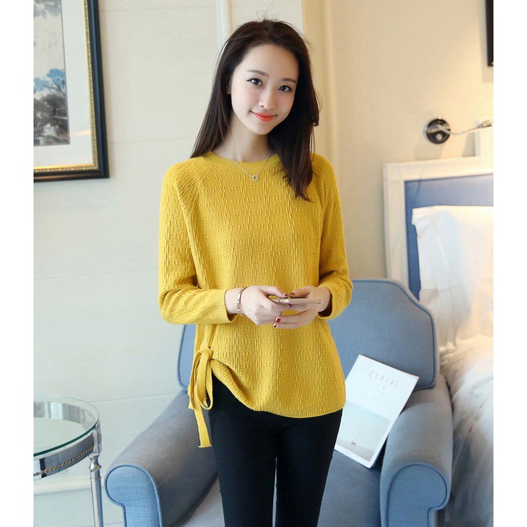 Áo len nữ hàn quốc from rộng cổ tròn dài tay chất đẹp,cột dây xinh xắn Al16
