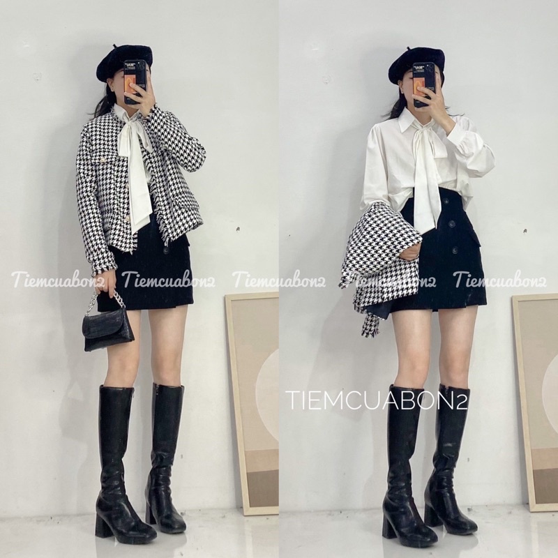 Set áo sơ mi nơ buộc kèm áo dạ tweet khoác ngoài xinh mặc riêng đều được | BigBuy360 - bigbuy360.vn