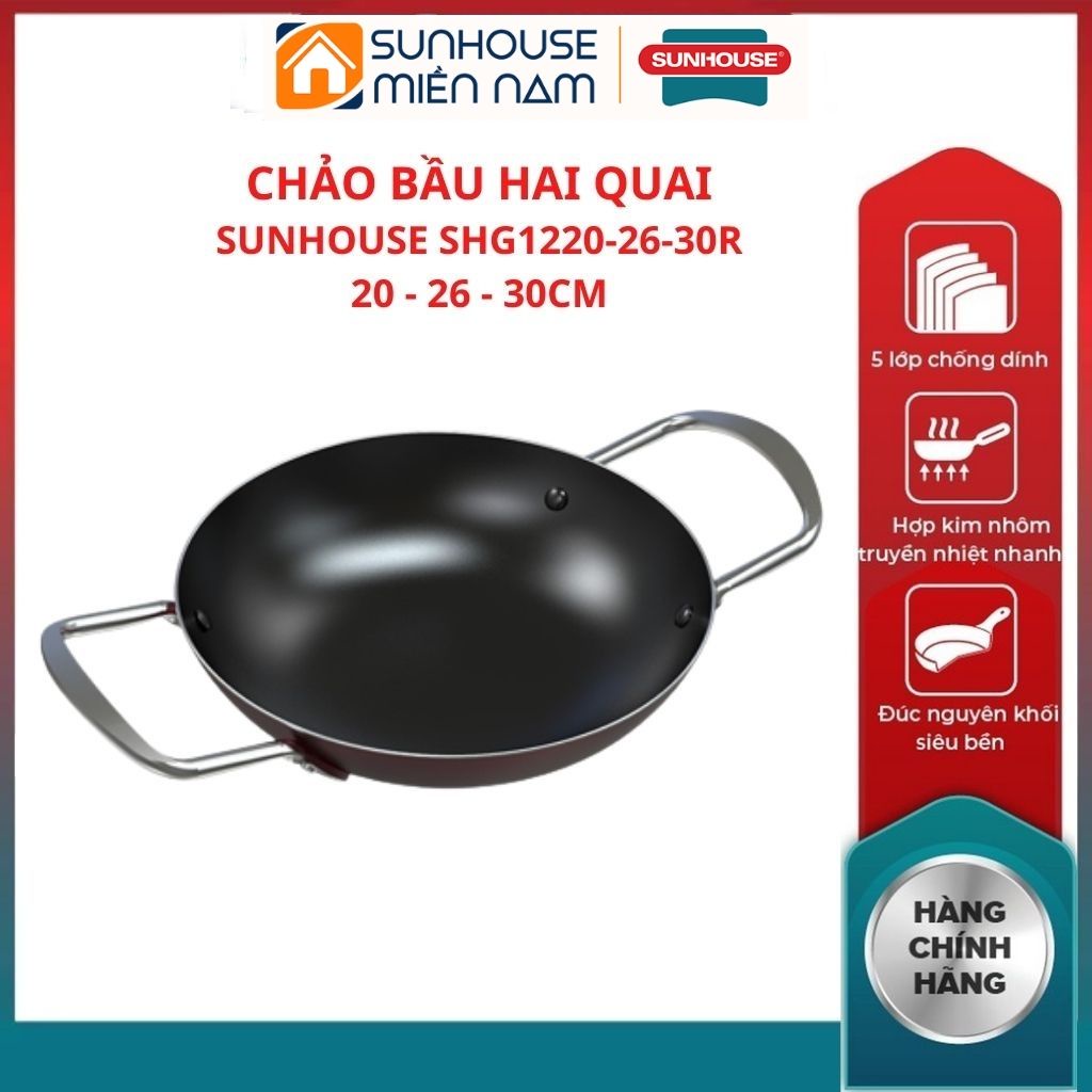 (HCM Giao 2H) Chảo nhôm chống dính bầu SUNHOUSE 2 quai SHG1220R-SHG1234R tay cầm chịu nhiệt tốt chống trầy xước