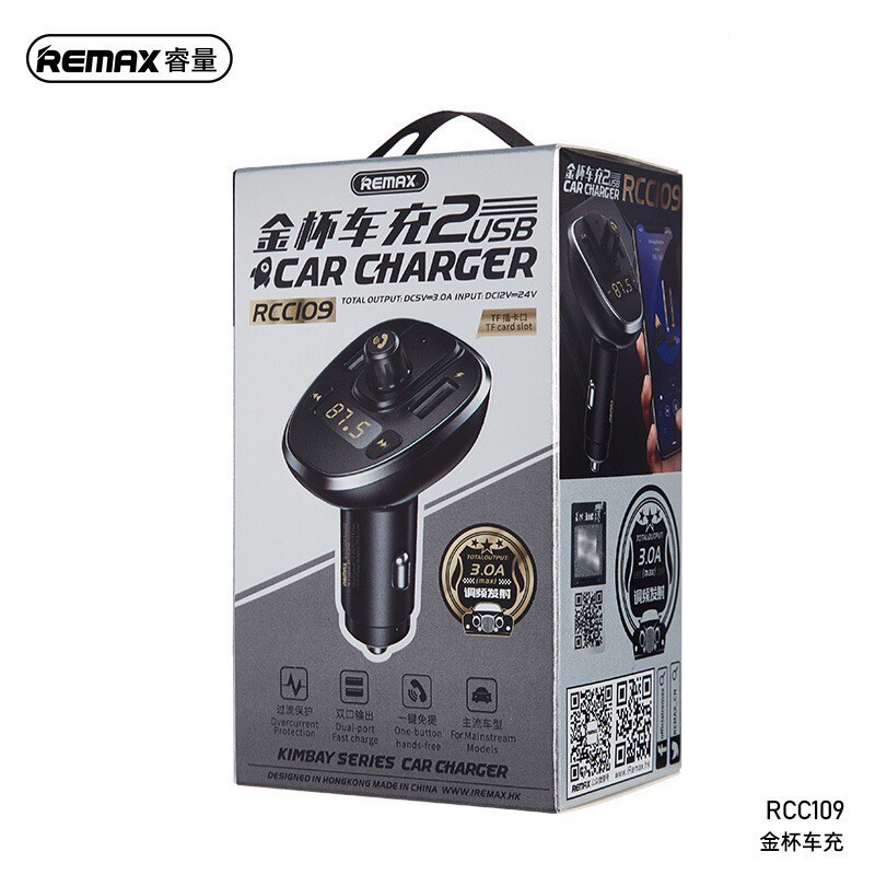 Tẩu sạc oto remax RCC109 2 cổng USB màn hình led hỗ trợ bluetooth nhận cuộc gọi hỗ trợ nghe nhạc hàng chính hãng