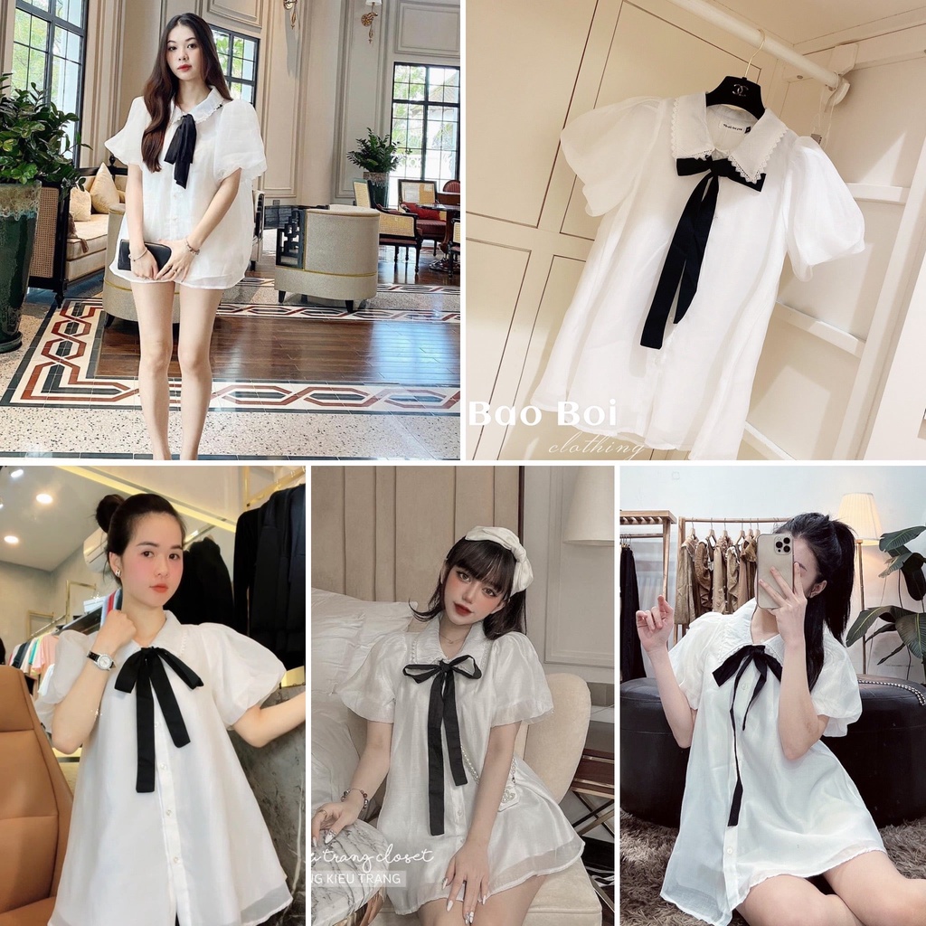Áo babydoll voan cổ bèo viền ren thắt nơ dáng xòe, Áo váy babydoll voan giấu quần tay bồng shopxinh888888
