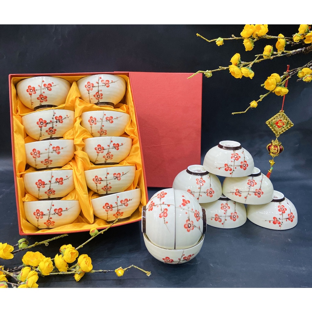 Bộ 10 Bát Cơm Sứ Bát Tràng Hoạ Tiết Vẽ Tay, Bát Ăn Cơm, Bát Con Hoa Đào, Hoa Mai, Sen, Nhiều Hoạ Tiết Có Bán Lẻ