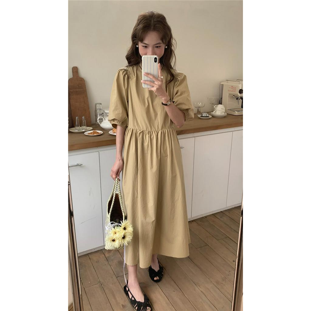 Đầm Hàn Quốc Cổ Tròn Ngắn Tay Dáng Dài Vừa Vặn 63853 3 Màu Sắc Đơn Giản