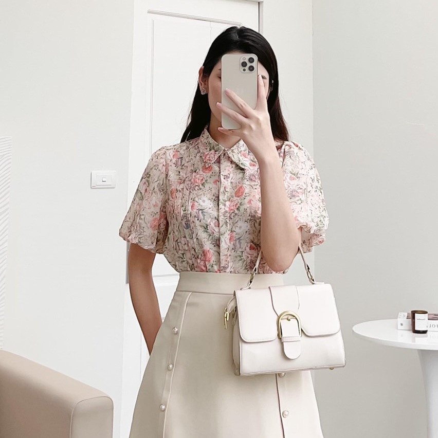Áo sơ mi hoa tay ngắn bồng cổ đức xếp ly thân trước 152