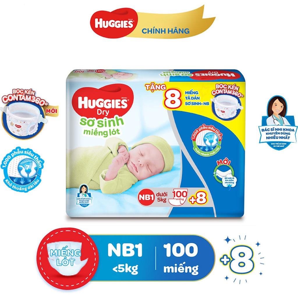 [Tặng Miếng]Miếng Lót Sơ Sinh Huggies Dry Newborn 1-100 tặng 8 miếng