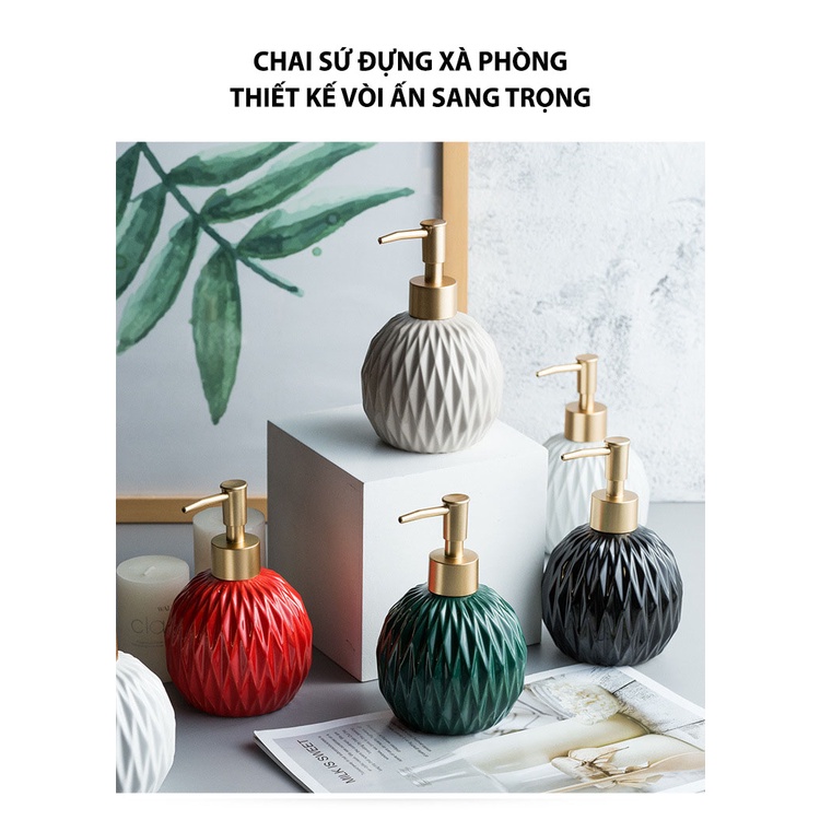 Chai Sứ Dầu Gội 400ml, Bình Đựng Xà Phòng Vân Cẩm Thạch Decor Nhà Tắm Siêu Sang