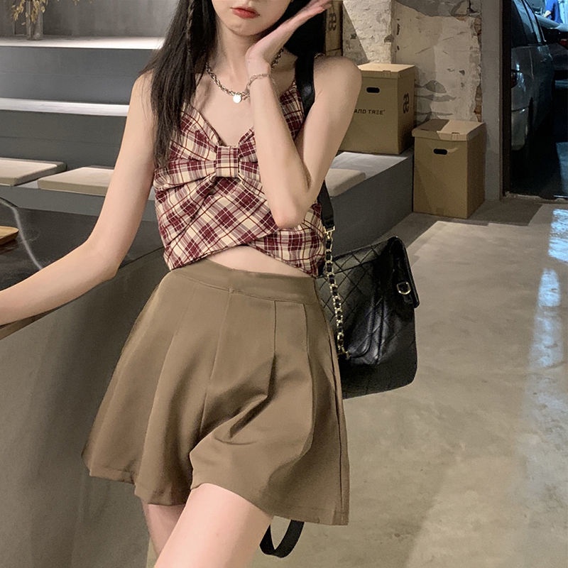 Jiashucheng Áo Croptop Hai Dây Xếp Ly Lưng Cao Thắt Nơ Họa Tiết Sọc Caro Thời Trang Mùa Hè