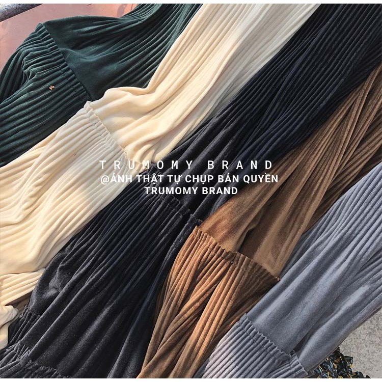 Chân váy nhung xếp ly xòe dài Vintage Quảng Châu phối 2 viền bèo, cạp cao, lưng thun, dài qua gối - Trumomy | BigBuy360 - bigbuy360.vn