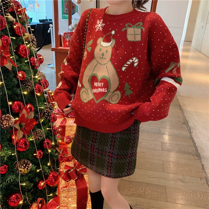 Set Áo Sweater Màu Đỏ Phối Chân Váy Len Lưng Cao Phong Cách Giáng Sinh