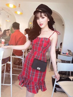ĐẦM CARO ĐỎ 2 DÂY CHÂN BÈO (ảnh thật)