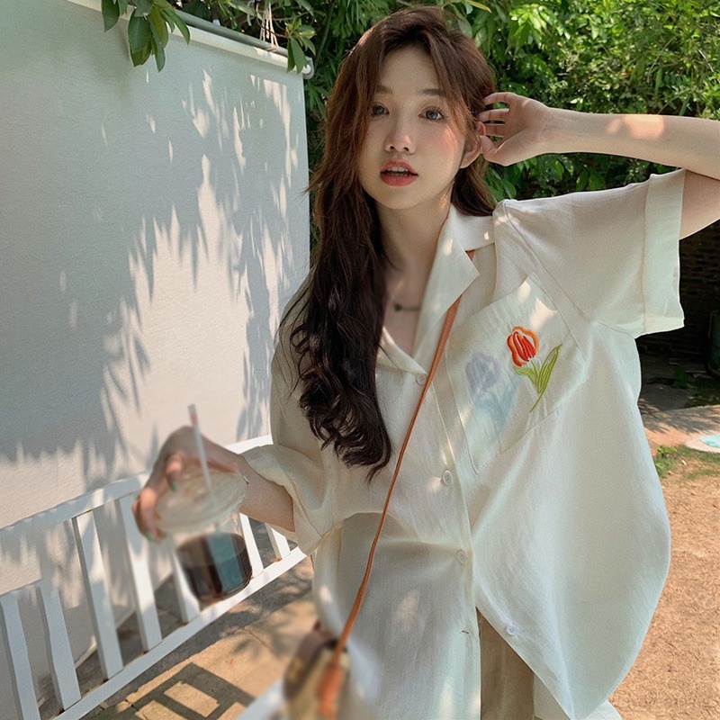 Áo Sơ Mi Chống Nắng Tay Ngắn Cổ Bẻ Dáng Rộng Thêu Hoa Hồng Thời Trang Mùa Hè Hàn Quốc Cho Nữ