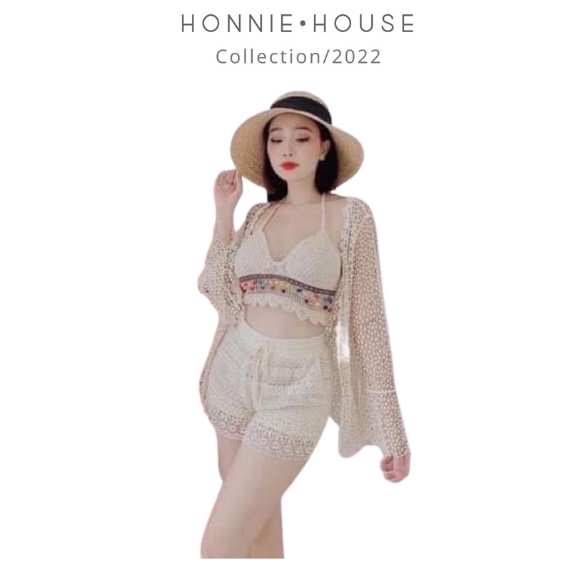 32- set ren 3 món đi biển- bra sóng mix ngọc + quần ren hoạ tiết đồng xu + choàng ren hạt gạo tay loe (có tách rời)