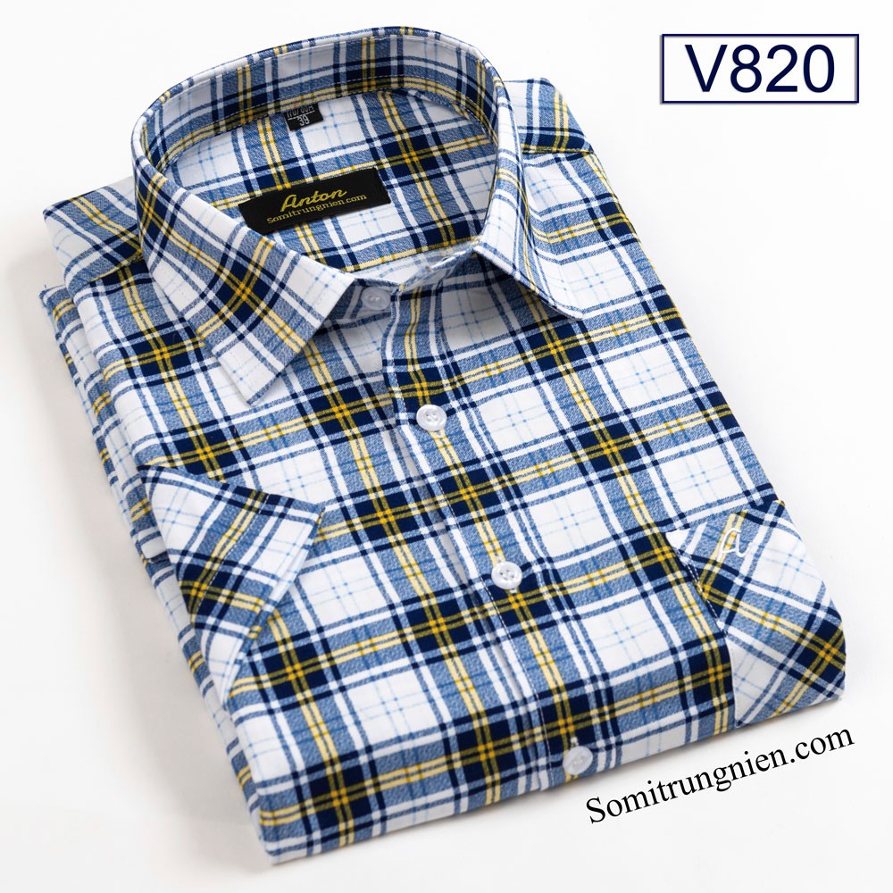 Áo Sơ Mi Nam Công Sở Trung Niên Thương Hiệu ANTON Ngắn Tay Kẻ Caro Xanh Trắng Vải Cotton V820