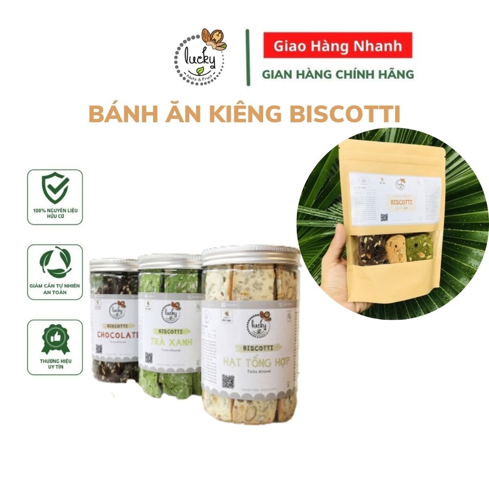 Bánh BISCOTTI 3 vị 250g - Bánh ăn kiêng giảm cân Luckynuts nguyên cám không đường thơm ngon giòn xốp