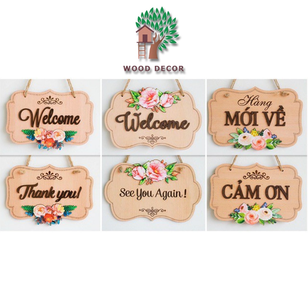 Bảng gỗ trang trí treo cửa Welcome 2 mặt