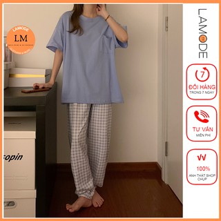 Đồ ngủ nữ bộ mặc nhà ngăn tay quần dài Lamode, bộ đồ ngủ quần dài chất cotton kiểu dáng hàn quốc
