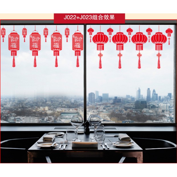 Decal Trang Trí Tết Hai Mặt Hít Tĩnh Điện Không Dơ Kính-Lồng Đèn thân dài đỏ