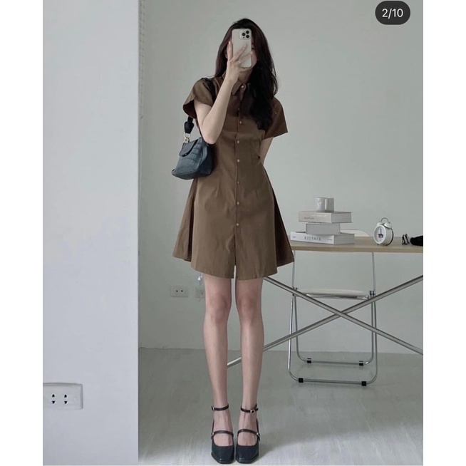 Váy sơ mi chun lưng cộc tay 4 màu