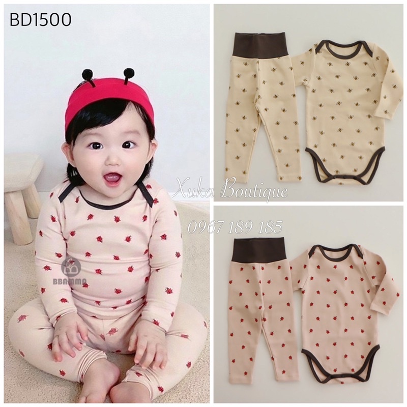 Bodysuit Dài Tay Kèm Quần BBAMMA Quảng Châu Cao Cấp Cho Bé 0-2 Tuổi Style Hàn Quốc Cotton Dài Tay Thu Đông Cực Đẹp