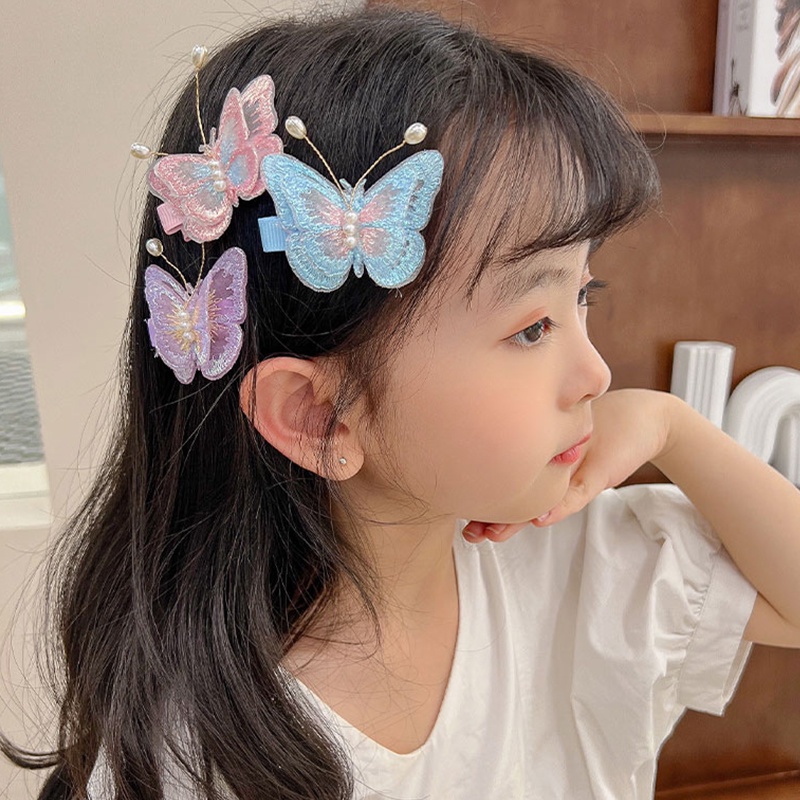 Kẹp Tóc Lưới Thêu Hình Bướm Hai Lớp Đính Ngọc Trai / Bướm Màu Gradient Thanh Lịch