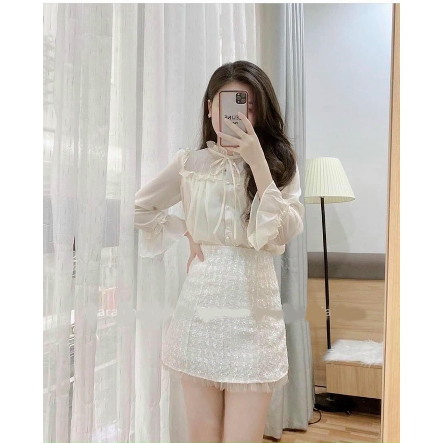 Bộ Dạ Tweed Viền Ren, Set Dạ Tweed Áo Dạ Tweed  Kèm Chân Váy Dạ Tweed Phối Lưới / 2 Màu Trắng Xanh / Size S-M