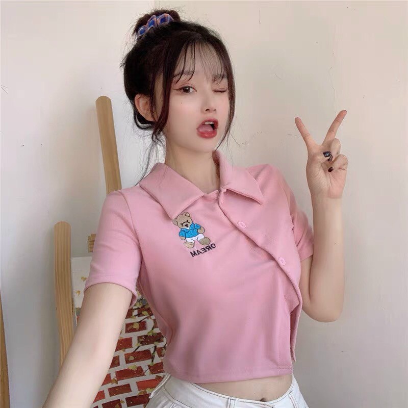 Áo Thun Croptop Cổ Bẻ Phối Nút Xéo Thêu Hình Gấu Siêu Xinh  TTSA1322