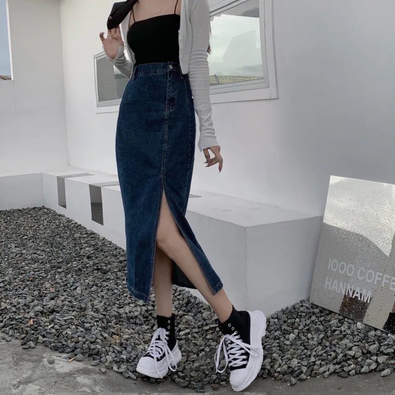 Chân Váy jeans Nữ, Dáng Dài Cạp Cao Có Gân Xẻ Tà | BigBuy360 - bigbuy360.vn