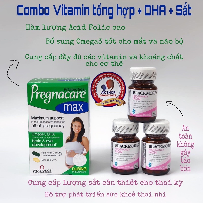 Combo bầu Max Pregnacare và sắt Blackmores hàng chính hãng